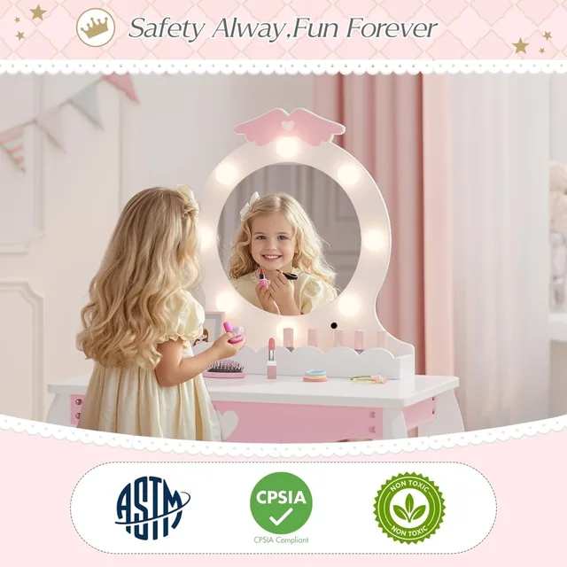 19747-c9f1f6.jpg MU Kids White Vanity Set w/ Lighted Mirror & Stool,Makeup Desk, Storage,Wing Pattern – Toddler Princess Dressing Table for Girls