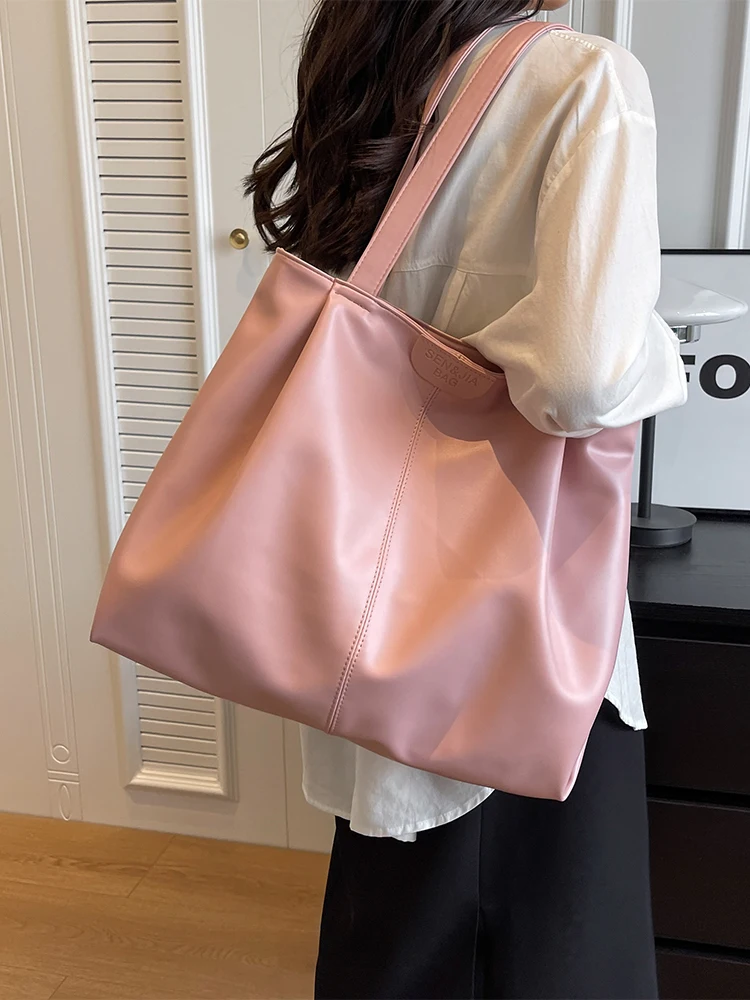Pink PU High Capacity Tote Bag 2023 New Ladies Soft Leather