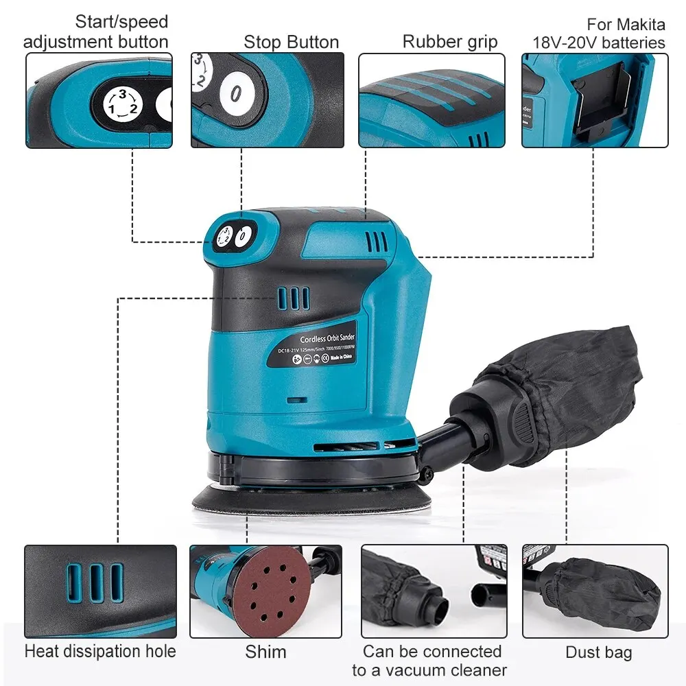 125mm Electric Sander 90W 3 Speeds Cordless Wood Grinder Polishing Grinding Machine Tool 8 Hole Sandpaper For Makita 18V Battery 5