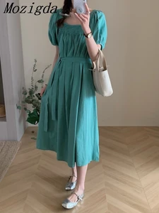 Summer Square Collar Long Dress Women Puff Short Sleeve Fashion Ruffle Pleated Ladies Dresses Korean Loose Casual Woman Dress