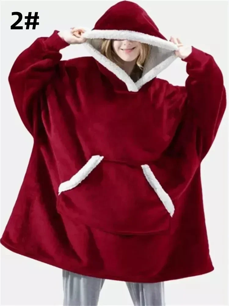 Casual winter sportswear hoodie women's pullover pocket wool plus long sleeved flannel solid color hoodie 4
