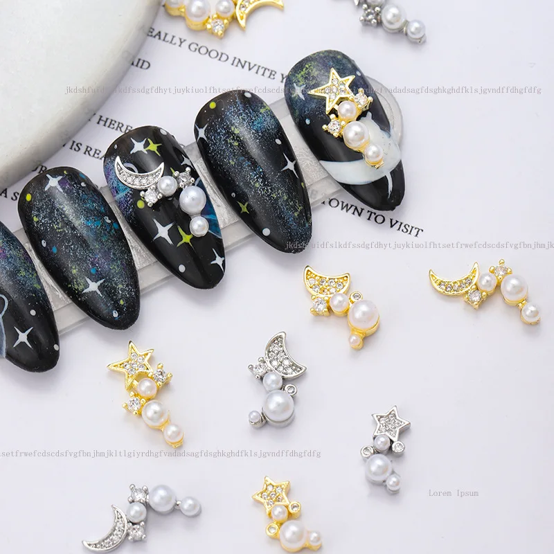 

5pcs 3D Star Moon Alloy Nail Art Zircon Charm Pearl Crystal Metal Manicure Nails Accesorios Supplies Decorations DIY Nail Decor