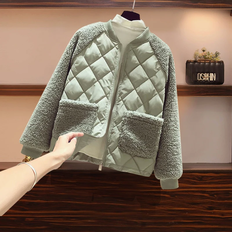 

Women Baseball Padded Jacket 2023 New Autum Winter Light Down Cotton Jacket Female Short Outerwear Fashion Loose Lamb Wool Coat