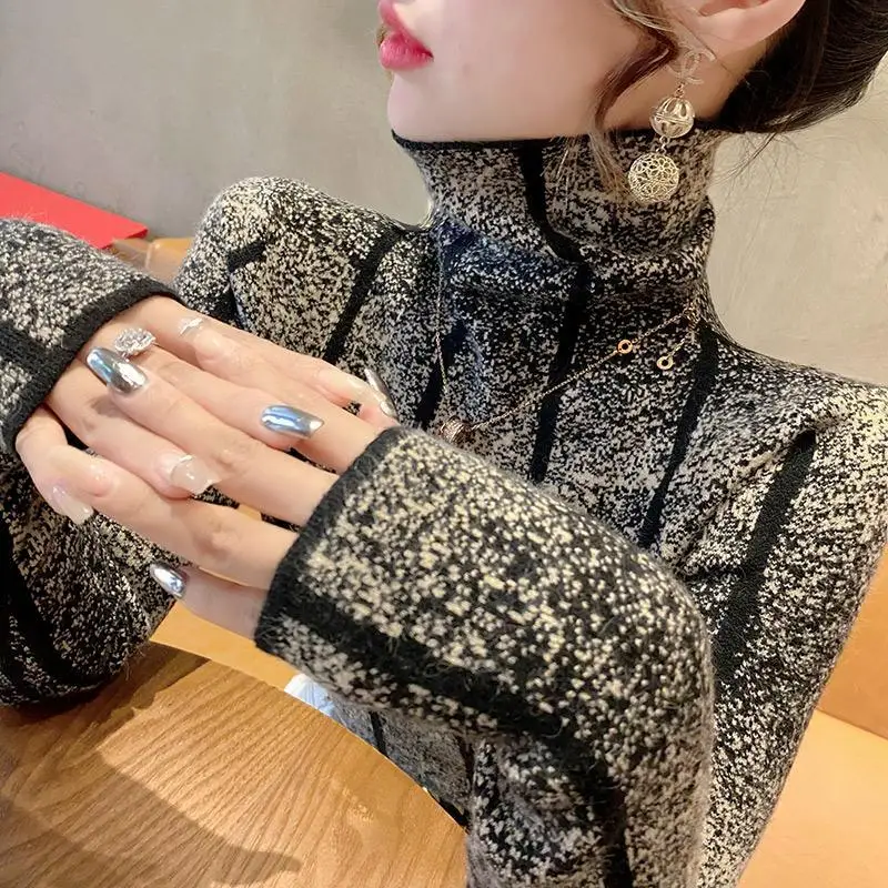 

2023 Autumn/Winter High Collar Long Sleeve Sweater Casual Bottom Shirt Fashionable Office Lady Leisure Women's Knitwear Top