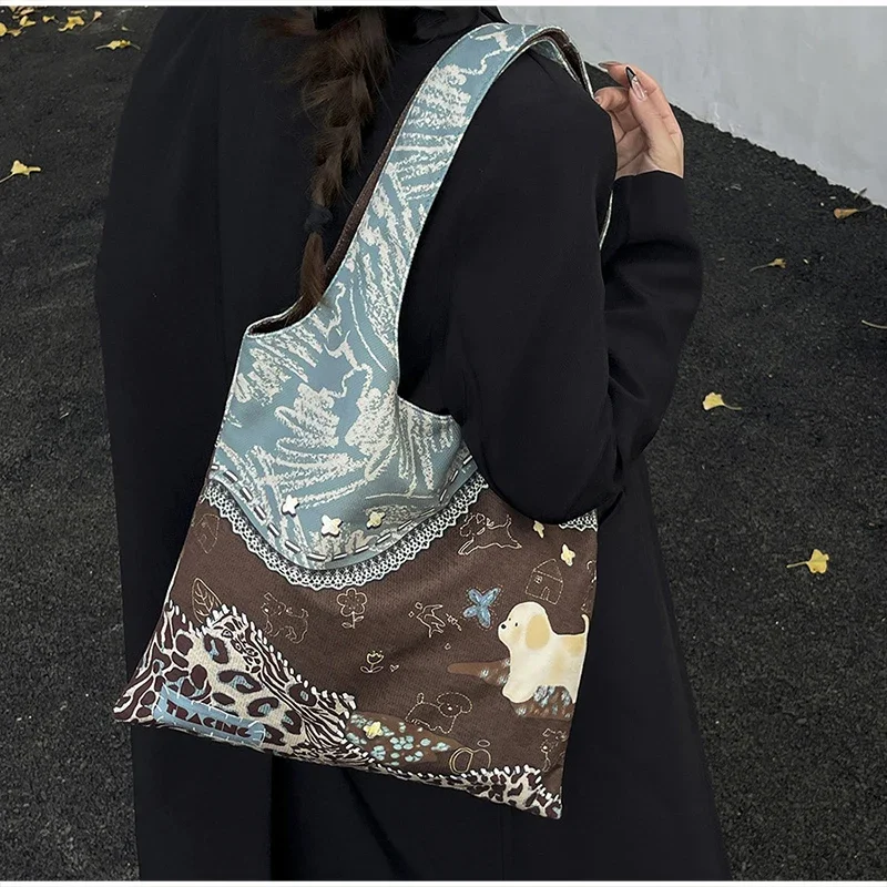 Retro-Einkaufstasche mit Leopardenmuster, kreative Canvas-Tasche mit Welpenmuster, stilvolle lässige Umhängetasche, umweltfreundliche Einkaufstasche, Damen-Handtasche – Detail 14
