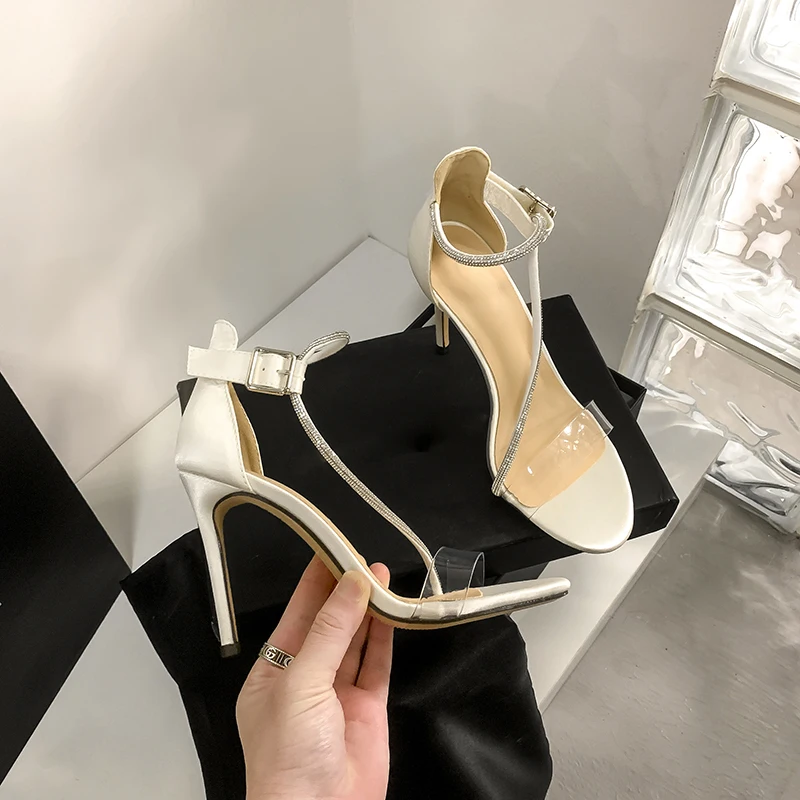 

One Word Sandals Women's 2022 Summer New Satin Open Toed Transparent High Heeled Shoes Stiletto Fashion Rhinestone Women's Shoes