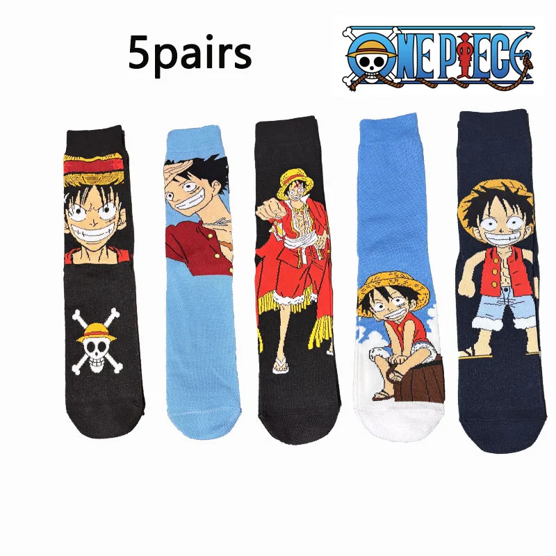 One Piece Ruffy Socken 1/5 Paar Set Anime Merchandise Trendige Socken Cartoon Persönlichkeit Mid-Calf Socken