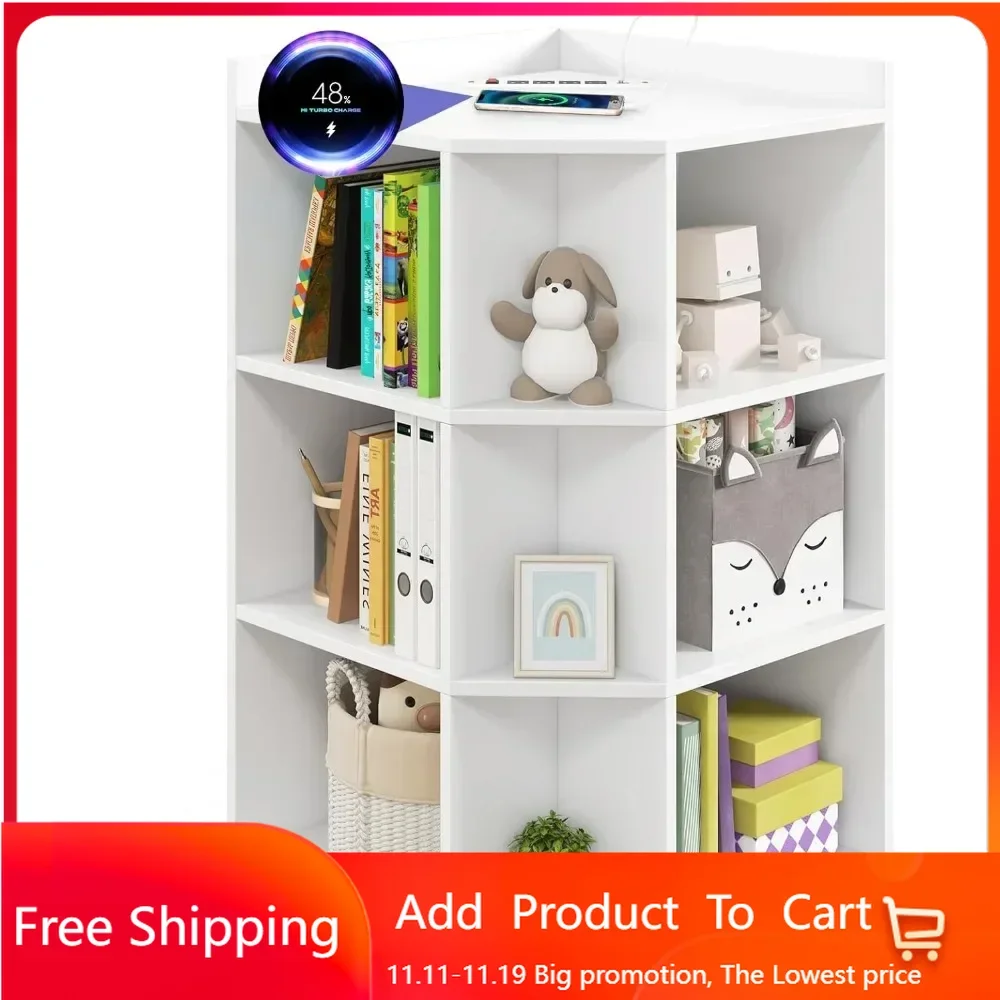 Kids Corner Cabinet with Charging Station, Wooden Cubby Bookcase with USB Ports and Outlets, 3-Tier Kids Bookshelf