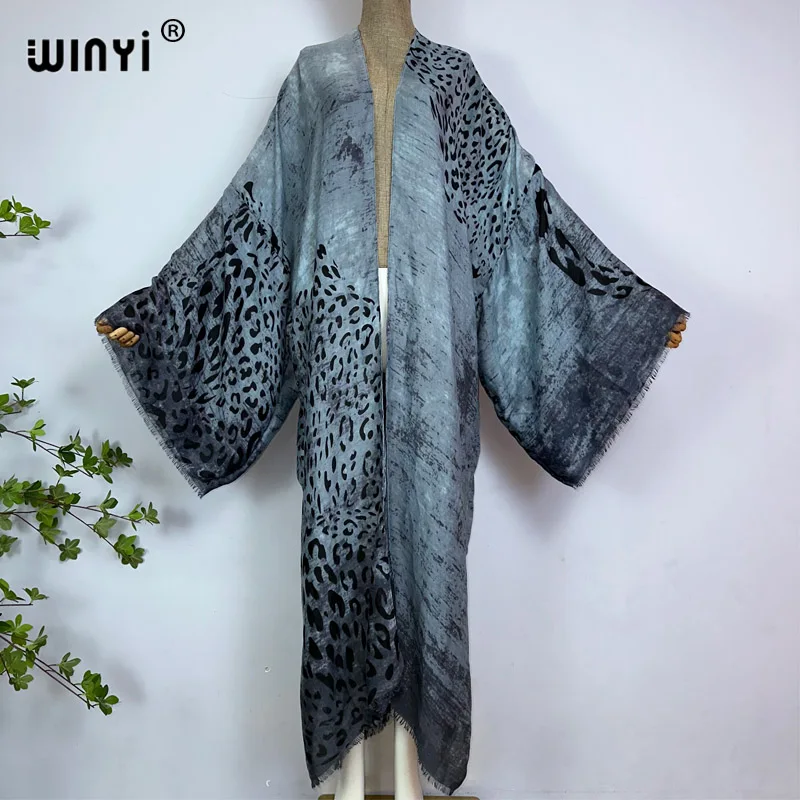 WINYI 여름 보헤미안 레오파드 프린트 비치 웨어 수영복 커버 업 유럽 여성 가디건, 화려한 섹시 홀리데이 긴 소매 기모노