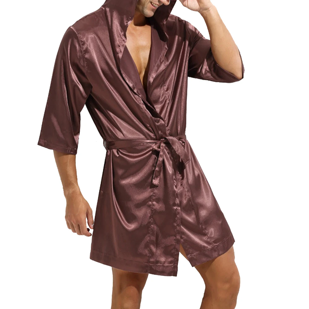 Men's Solid Colour Satin Silk Bathrobe Thin Section Sexy Simple Nightgown Hooded Loose Large Size Lace-up Nightwear Underwear