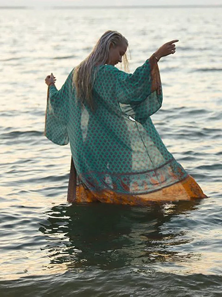 Fitshinling Oversized Beach Kimono With Sashes Bohemian Vintage Slim Sexy Long Cardigan Women Big Sleeve Fringe Cotton Cover-Up