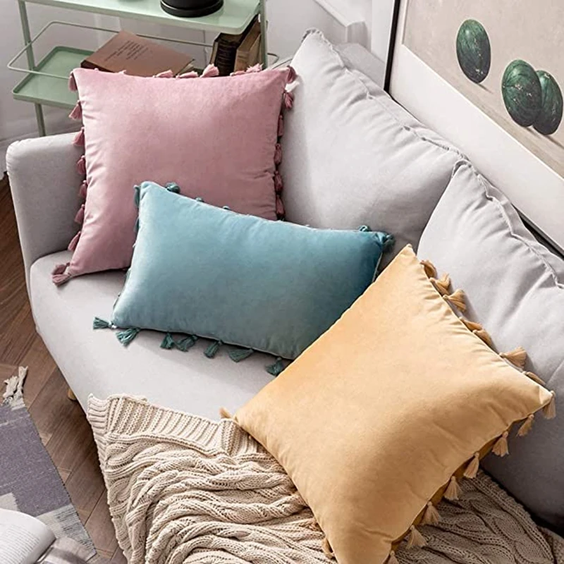 Inyahome Water Blue Velvet Soft Solid Decorative Throw Pillow Cover with Tassels Fringe Boho Cushion Case for Couch Sofa Bed 5