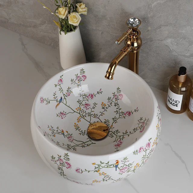 Zappo อ่างล้างหน้าเซรามิคสำหรับห้องน้ำ, อ่างล้างหน้าทรงกลมแบบผสมสำหรับอ่างล้างหน้าในห้องน้ำก๊อกน้ำอ่างล้างจานลายดอกไม้และนก 3