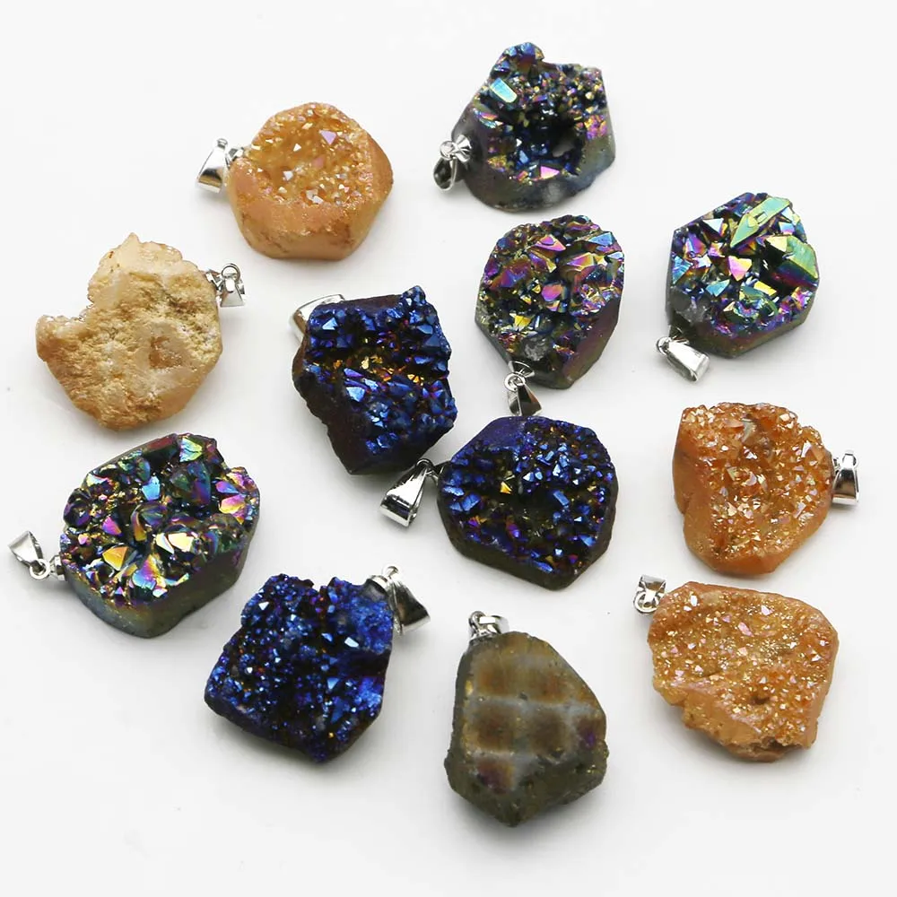 Natural Raw Ore Stone Electroplated Colorful Irregular Crystal Druse Pendant Necklace Fashion Charm Jewelry Gift Wholesale 12Pcs