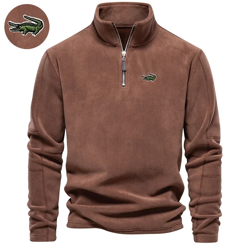 Fall Winter Warm Fleece Tops Men Sweatshirts Casual Long Sleeve Zipper Stand Collar Pullover Mens Fashion Solid Color Sweatshirt