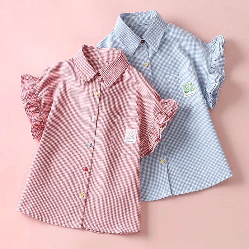 Girls Students Shirts for Children School Uniform Short Sleeve Toddlers Girls Plaid Blouses Summer Baby Clothes Tops 6 8 10 12 Y