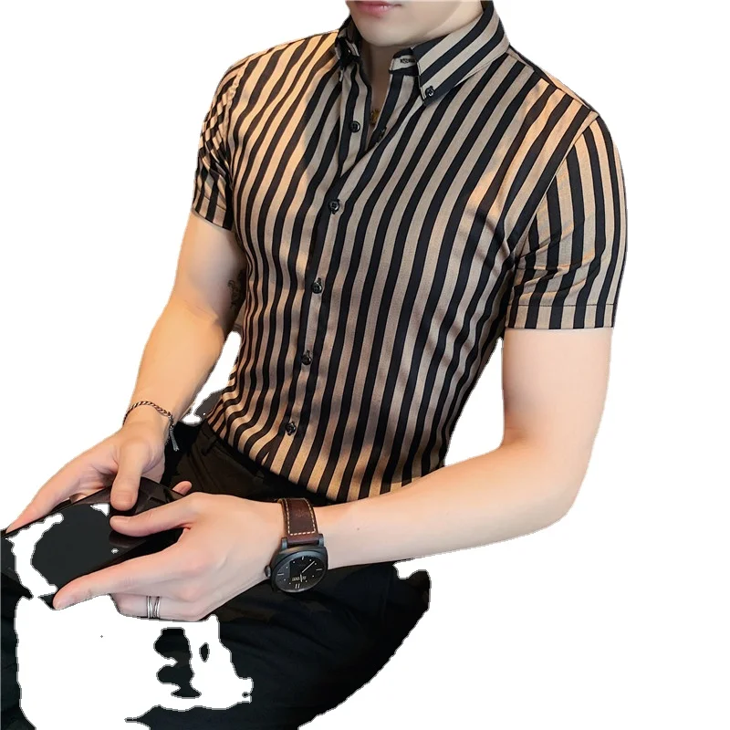 

2023 New Men's Casual Summer Men's Classic Striped Short Sleeve M-4XL Shirt Light Luxury Texture Shirt Slim