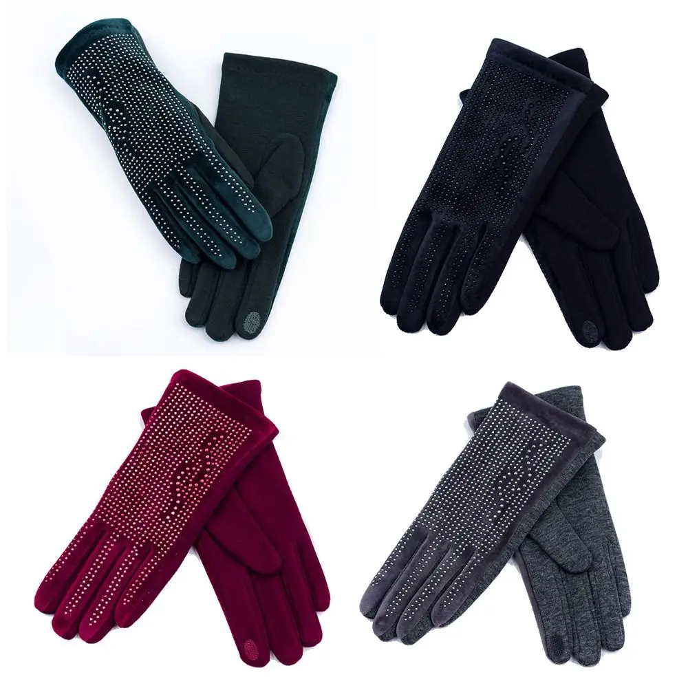 

Touch Screen Rhinestone Gloves Fashion Velvet Full Finger Plus Plush Mittens Thick Suede Leather Warm Gloves Women