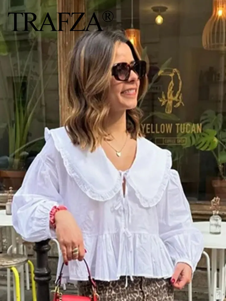 HH Women Sweet Solid Shirt Front Bow Lace Up Long Sleeve Blouses Elegant White Top For Woman Summer Casual Shirts