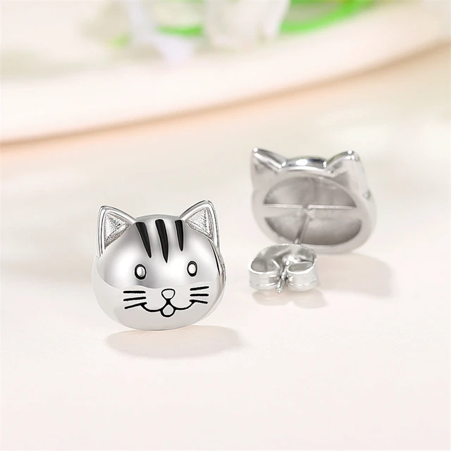 Boucles d'oreilles chat émail strass gris noir - Bijoux animaux