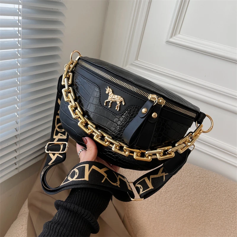 

Thick Chain Women's Waist Bag Fanny Pack Fashion Shoulder Crossbody Chest Bags Female Belt Bag Crocodile Shoulder Bag