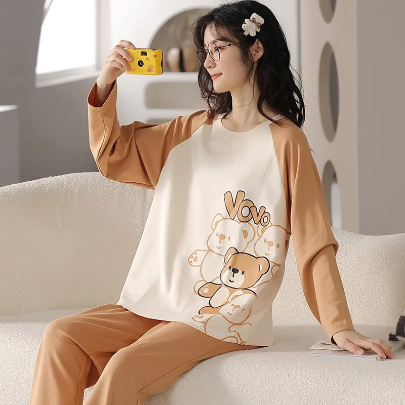 Spring Autumn Women's Combed Cotton Pajamas Long Sleeve Pants Home Clothing Set Sweet Cute Cartoon Loose Sleepwear
