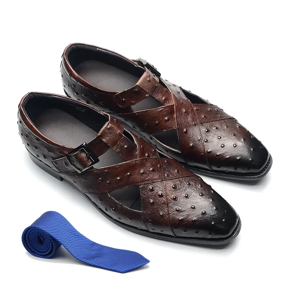 Sandals Men Rome Style Genuine Cow Leather Summer Buckle Strap Hollow Out Casual Business Wedding Dress Open