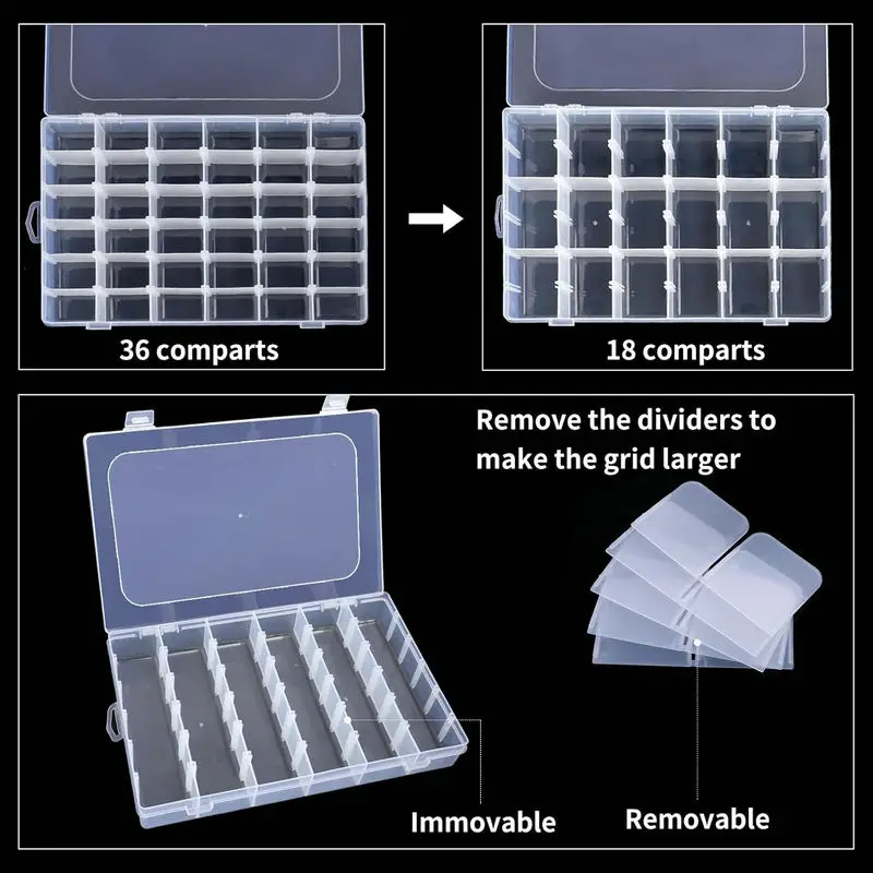 36 Grids Clear Plastic Organizer Box with Adjustable Compartment Dividers Collection Box for Bead Nails Jewelry Art DIY Crafts