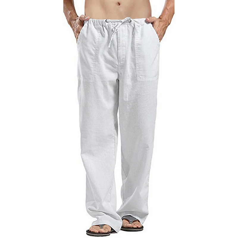 S-5XL Solid Color Multi-pocket Drawstring Loose Straight Men Pants Large Size Casual Breathable Comfortable Linen Summer Trouser 5