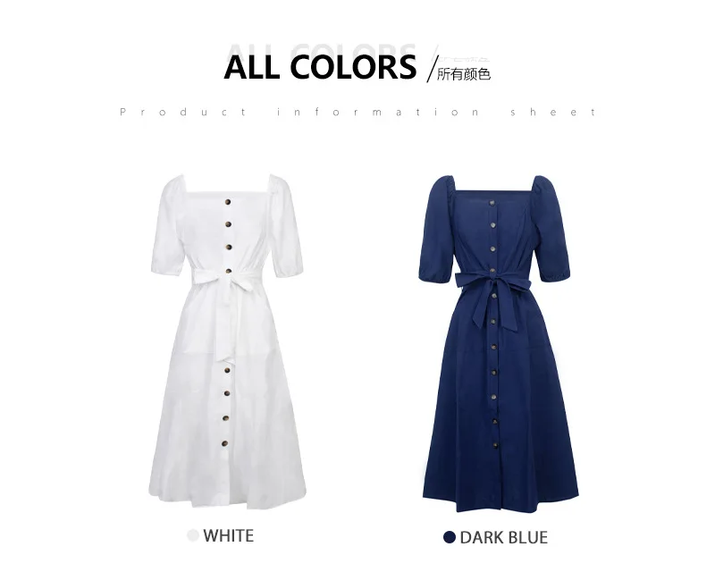 Botão de Cintura Escritório Feminino Branco Francês Novo Estilo Quadrado Pescoço Lanterna Manga Média Alta Casual Fofo Vestido 3 Computers & Electronics