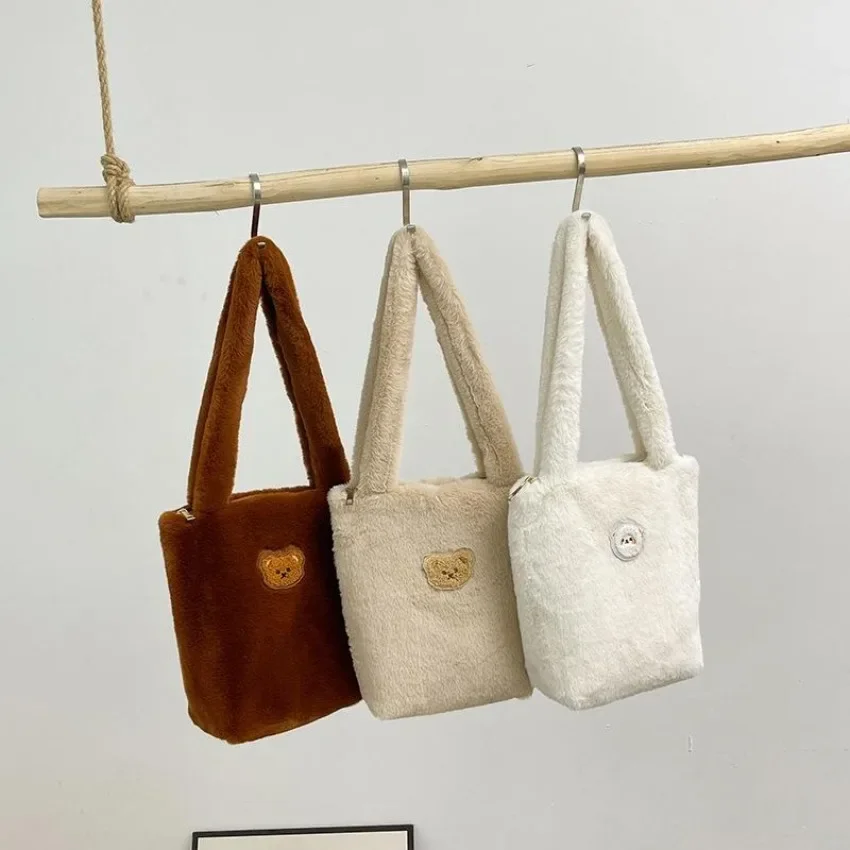 Bucket Bag Large Capacity Zipper Shoulder Bag Handbags Women Fashion shopping Autumn and Winter New Little Bear Soft Plush Bag