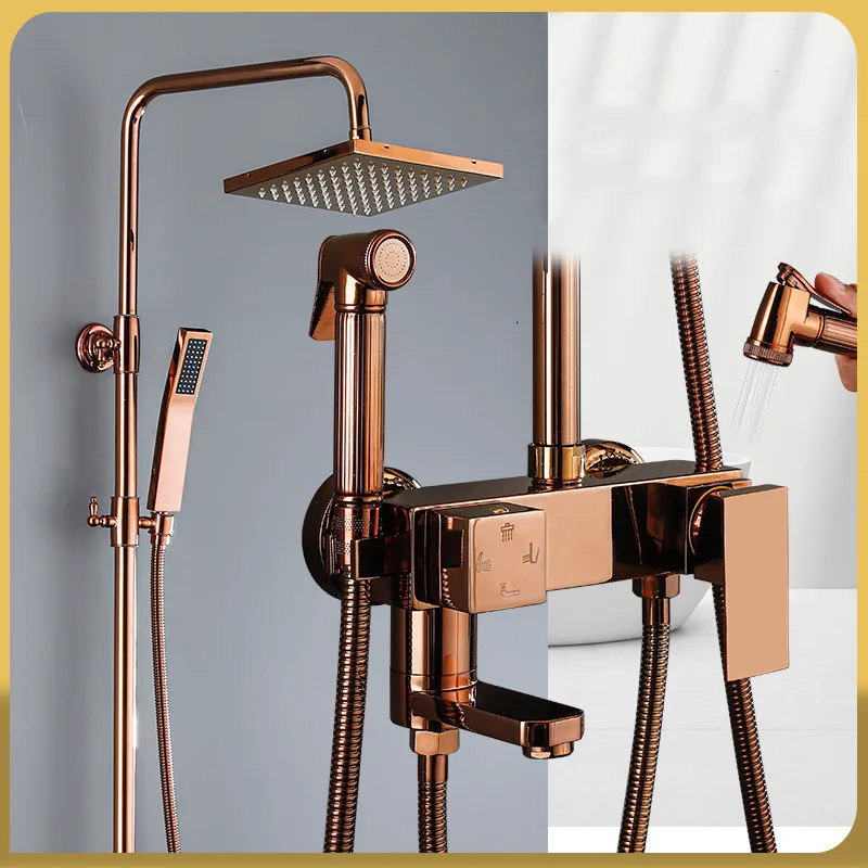 Bath Shower Faucets Set Hot & Cold Soild Brass Mixer Bathroom Bathtub Water Tap With Handheld & Bidet & Ttoilet Nozzle Rose Gold
