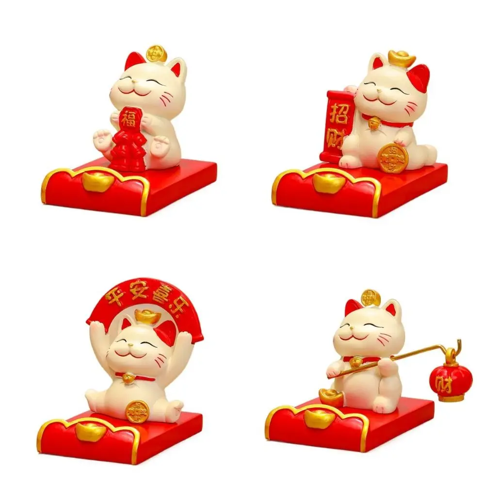 【Stylish】 Figurine Miniature Items Lucky Cat Phone Holder Resin Crafts Exquisite Animal Mobile Phone Stand Realistic Chinese Style.