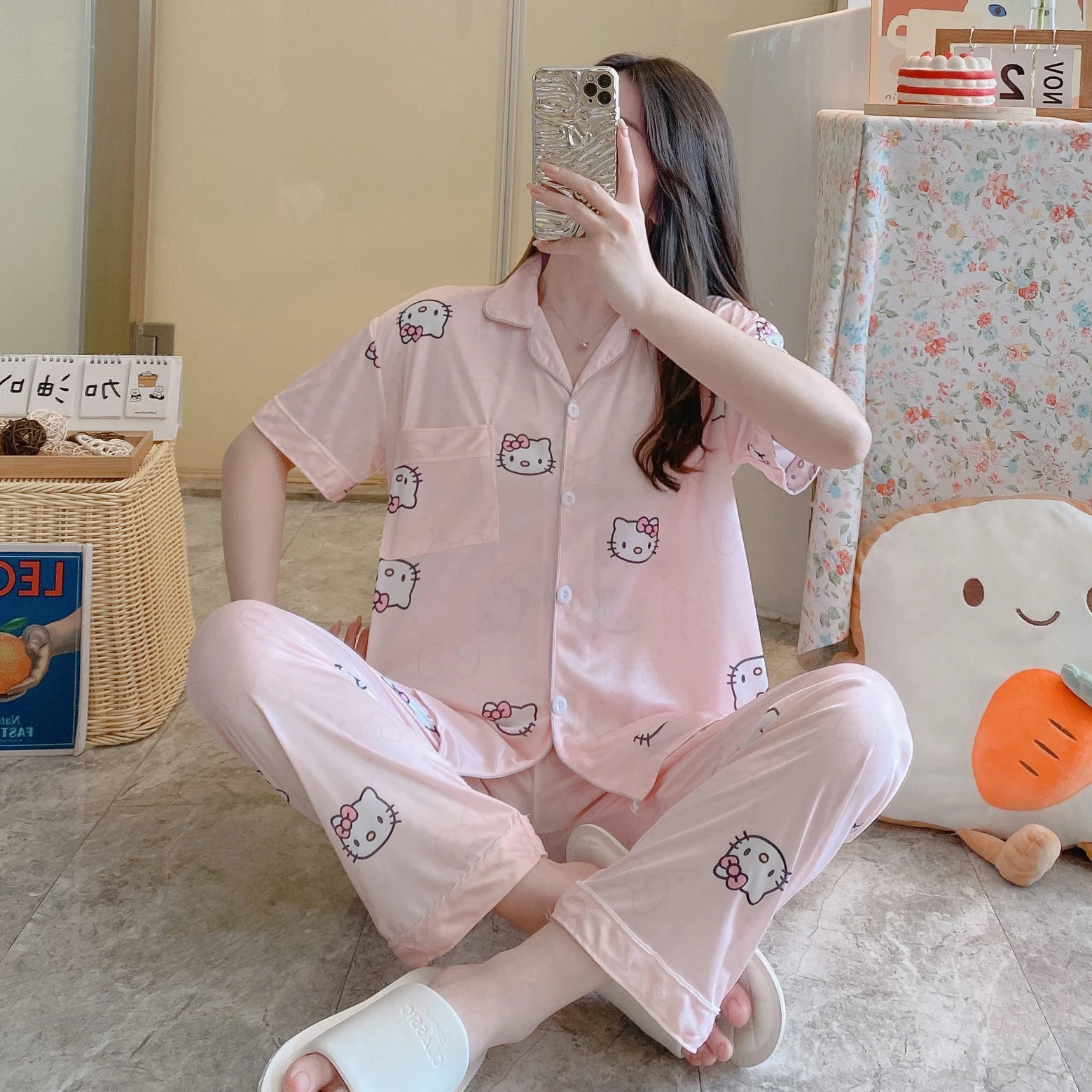 kawaii Sanrio Hello Kitty Woman Summer Pajamas Cinnamoroll Mymelody Pants Lady Short Sleeve Suit Cartoon Home Clothes Nightdress