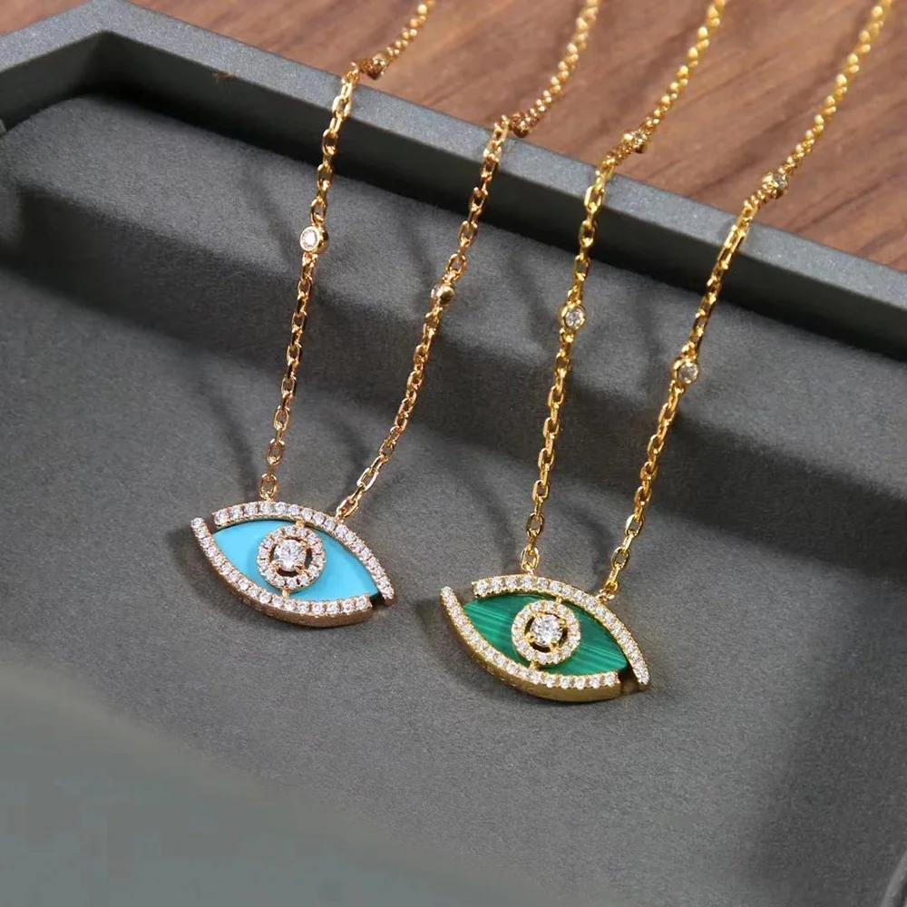 kimsu original luxury jewelry 925 silver plated 18k gold eye shape pendant bright lucky eye diamond ladies necklace gift