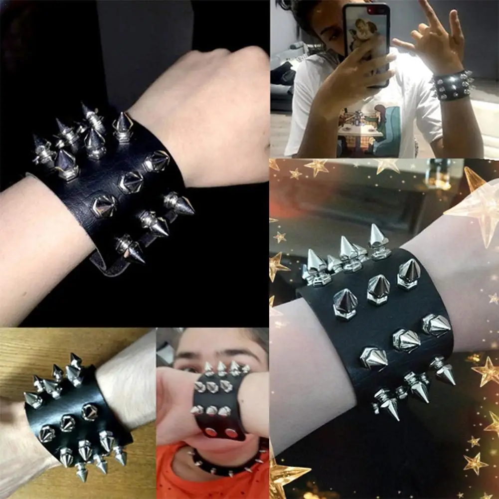 Punk Studded Cuff Bracelets Set Of 2 - Adjustable, Black & White, Goth Rock Wristbands - View #8
