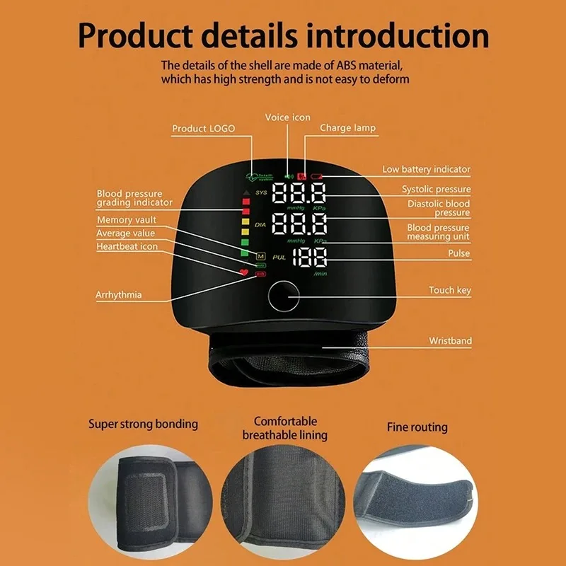 Screen Rechargeable Wrist Blood Pressure Monitor Tonometer BP Monitor Sphygmomanometer