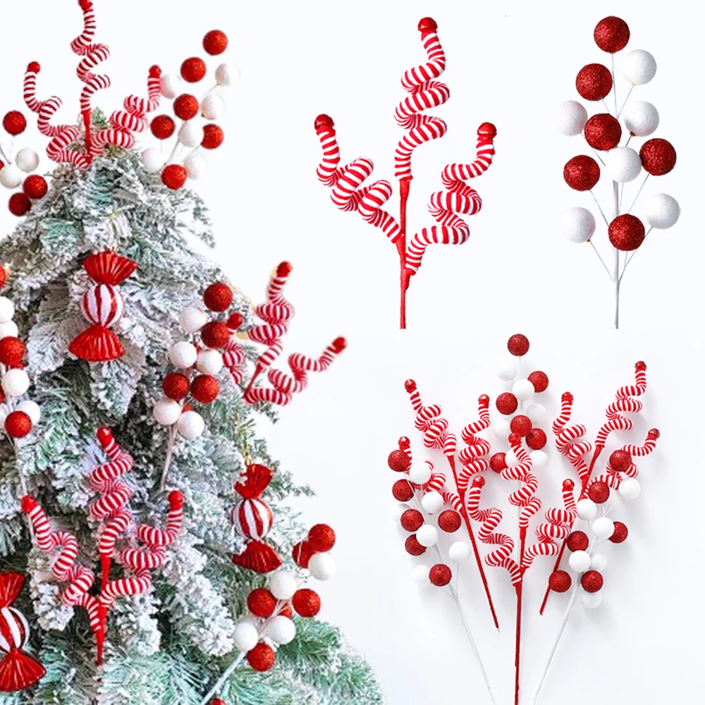 1/2Pcs Red White Woolen Bells Candy Cane Branches for Xmas Tree Topper Decor DIY Home Crafts Vase Wreath Christmas Decorations 1