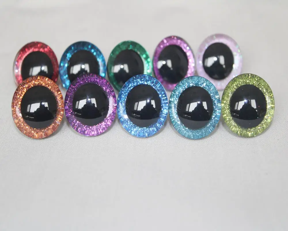 Safety Eyes 20pcs 9-12-14-16-18-20-24-30-35mm Clear 3D Glitter Plastic Long Stem + Glitter Fabric + Washer