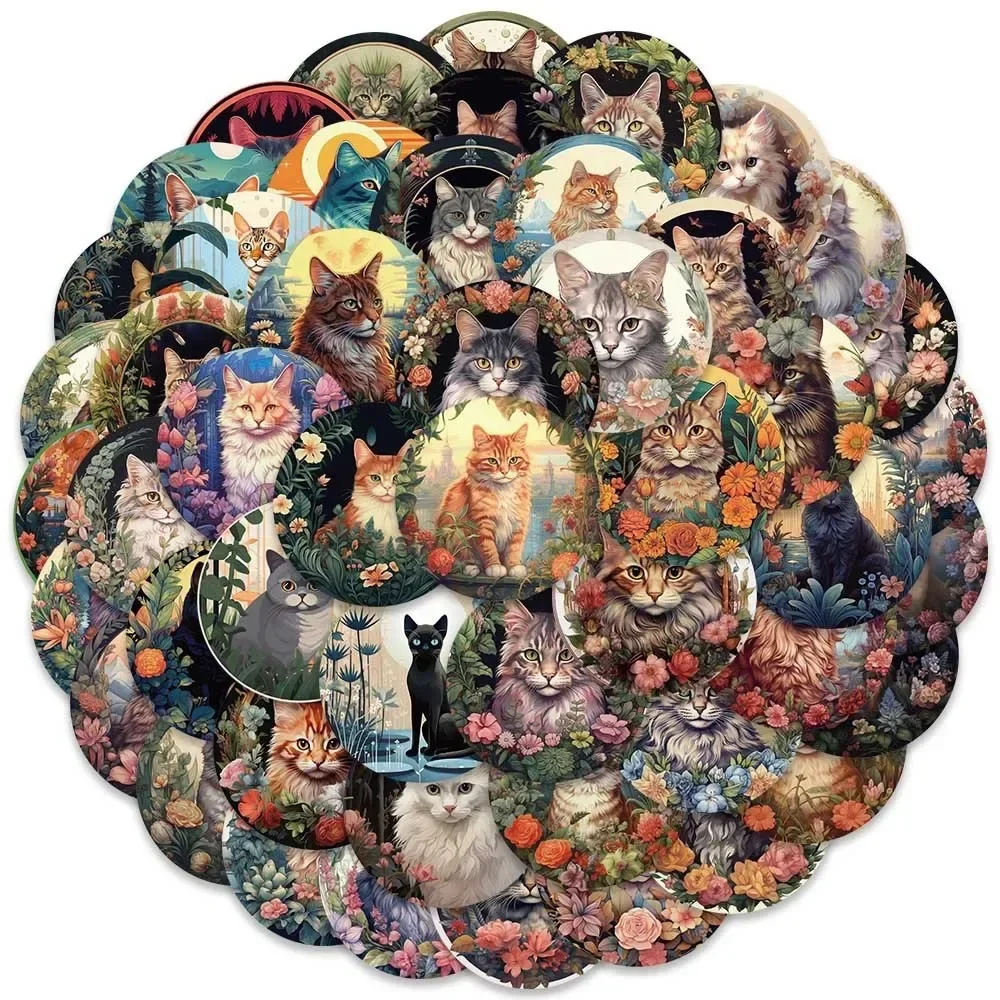 

50PCS Kawaii Cat Stickers Vintage Flower Decals For Water Bottle Laptop Skateboard Scrapbook Luggage Phone Stickers Kids Toys