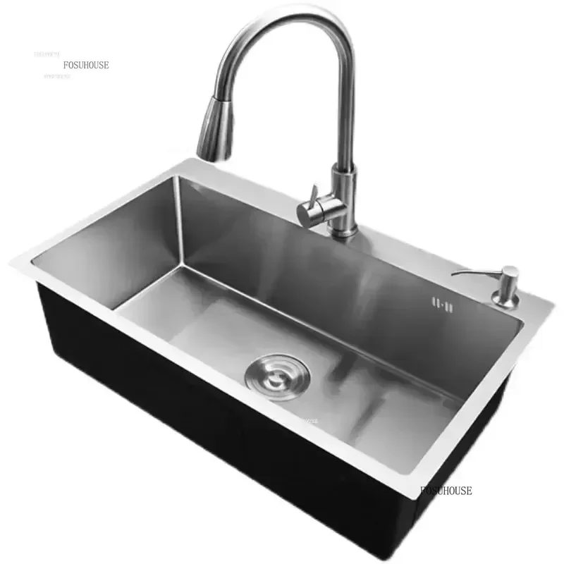 304 Stainless Steel Kitchen Sinks Single-slot Thickened Kitchen Accessories Wash Basin Built-in Countertop Lower Basin T