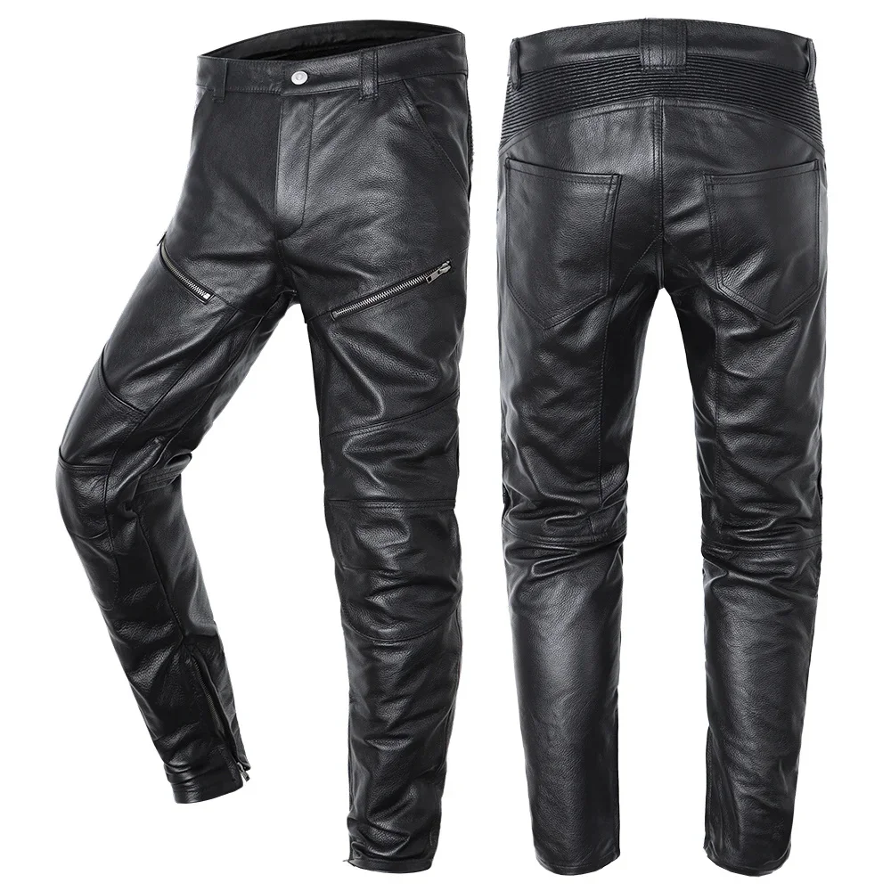 Motorcycle Genuine Leather Pant Men's Cowhide Trousers For Man High Quality Moto Biker Slim Pants Can Install Knee Protectors 1