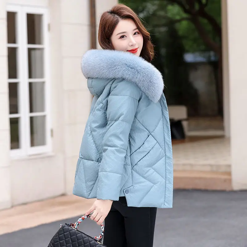 2023 Winter New Sheepskin Down Jacket Women Short Fox Fur Collar Thick Warm Leather Coat Female Fashion Slim fit Hooded Outwear