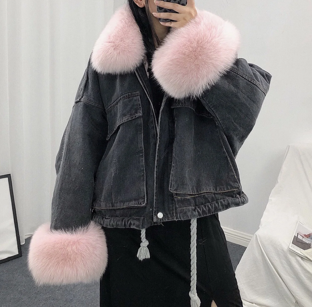 

Detachable Rabbit Big Fur Collar Coat Korean Winter Casual Thick Warm Denim Jacket Women Jean Oversized Loose