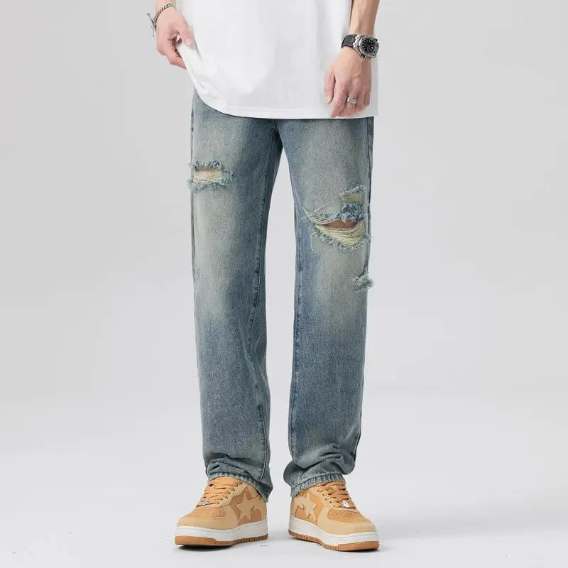 Ripped jeans men's straight tube summer loose straight pants American style washed high street men's light colored pants