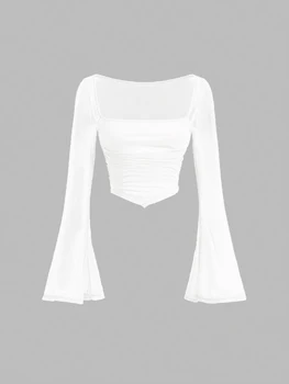 Women's Contrast Mesh Ruched Flounce Sleeve Hanky Hem Tee, Casual Long Sleeve Square Neck T shirt 1