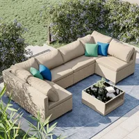 7-Piece Patio Furniture Set, All-Weather Outdoor Conversation Set Sectional Sofa with Water Resistant Khaki Thick Cushions and S 1