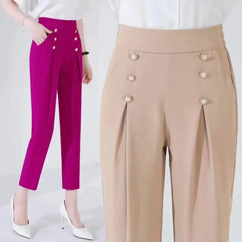 2024 Summer Temperament Commuting Minimalist Fashion High Waisted Button Straight Leg Solid Color Ice Silk Suit Cropped Pants