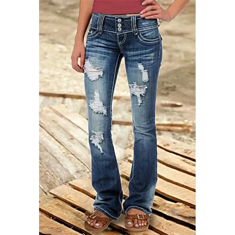 Mid Waist Flared Jeans Women Button Casual Straight Leg Pants New 2023 Summer Pocket Hole Female Loose Office Lady Slim Pants