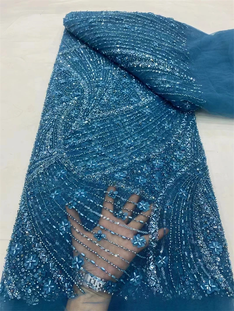 

French Mesh Net Fabric, Bead African Tulle, Sequins Lace Fabric for Bridal Wedding Dress, Black Sew, High Quality, New Arrival